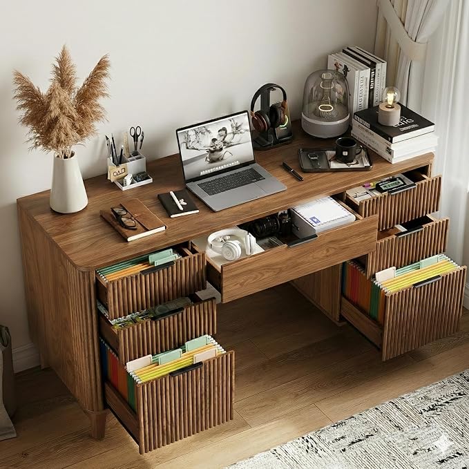 Walnut Desk with Drawers 55 Fluted Executive Desk with Storage Cabinet Wood Home Office Desk with File Cabinet Modern Computer Writing Desk for Study Living Room Bedroom
