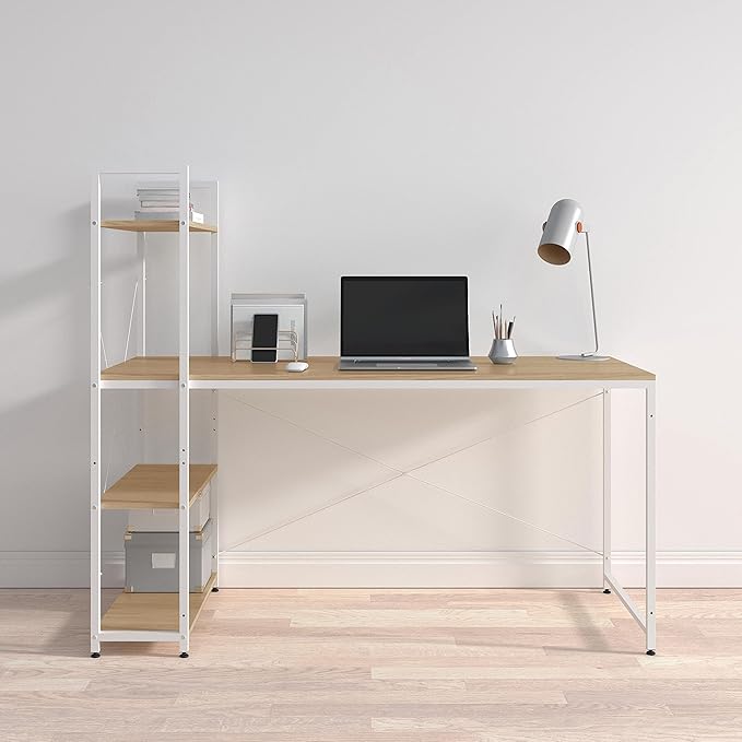 Ames 55 Reversible Gaming Computer Desk with Adjustable Shelves Home Office Desk Grommet Cable-Management Leveler Feet Easy Assembly White/White Oak