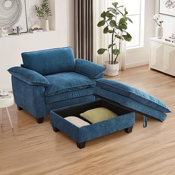 Oversized Chair with Ottoman Cloud Chenille Fabric Comfy Chaise Lounge Sofa Accent Arm Single Chair Indoor with Padded Armrest for Living Room Bedroom Office Storage Ottoman Blue