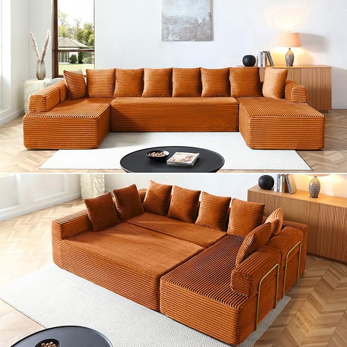 Modular Sectional Couch Modern Cloud Sectional Sofa U Shaped Boneless Couch with Double Chaise Comfy Deep Seat Upholstered Sofas Couches for Living Room No Assembly (145 Orange)