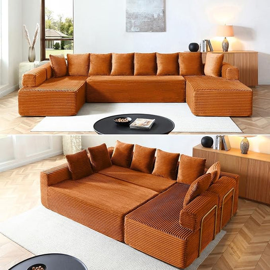 Modular Sectional Couch Modern Cloud Sectional Sofa U Shaped Boneless Couch with Double Chaise Comfy Deep Seat Upholstered Sofas Couches for Living Room No Assembly (145 Orange)