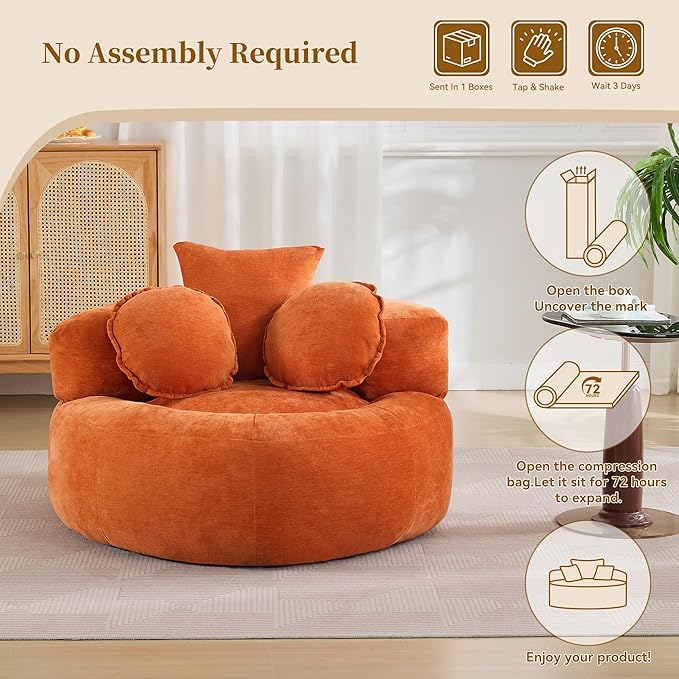 Round Oversized Chair Floor Sofa Chair Chenille Compressed Circle Chaise Lounge No Assembly Boneless Barrel Chair Lazy Bean Bag Couch Accent Chair for Living Room Bedroom DormOrange