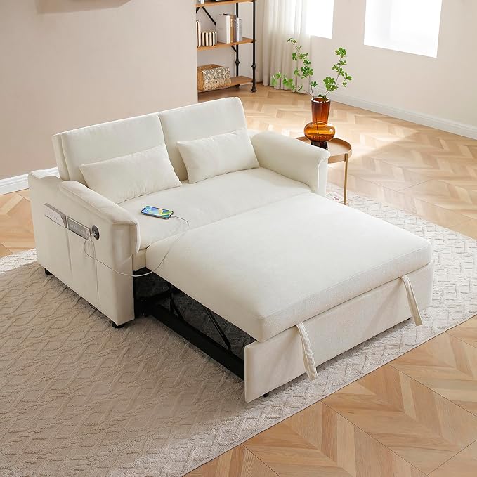 Livavege 55 Convertible Sofa Bed Velvet Pull Out Sleeper Sofa Couch Bed 3-in-1 Futon Loveseat with Adjustable Backrest USB Ports &amp 2 Side Pockets for Small Living Room Apartment Bedroom Bei