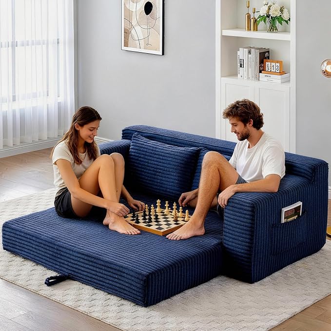 73 Convertible Sofa Bed Pull Out Boneless Loveseat Sleeper Sofa Corduroy Foldable Couch Bed with Storage Bag No Assembly Couch in a Box for Living Room Apartment (Blue)