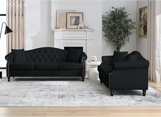 KEIKI 79 + 57 Chesterfield Sofa Retro Upholstered 3+2 Seater Velvet Couch with Rolled Arm and Nailhead for Living Room Bedroom Office Apartment Black