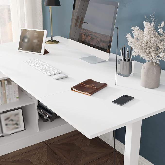 Lovinouse Large White Electric Adjustable Standing Desk Reversible L Shaped Office Work Desk with Storage Drawers Adjustable Height and Shelves Rising Study Computer Table for Home Office Bedroom