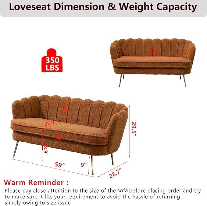Boucle Small Sofa Couch for Small Spaces Living Room Bedroom59 Loveseat Couches with Gold Metal LegsChannel Tufted 2 Seater Sofas with Curved Back and Arms for ApartmentRV.