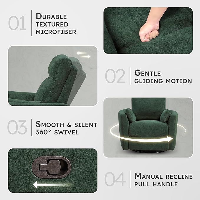 Lexicon Modern Swivel Glider Recliner Chair - Quiet 360 Swivel Chair Durable Microfiber Upholstered 2 Pillows Manual Reclining for Living Room Small Spaces Nursery Apartment Bedroom Green