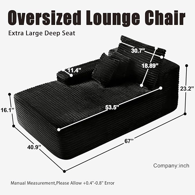 67'' Oversized Boneless Cloud Chaise Lounge Corduroy Chair Plush Black Sofa BedCouches Living Room No Assembly (Left).