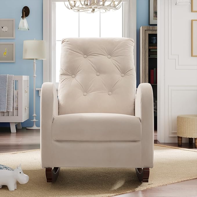 Cozy Velvet Reclining Rocking Chair with Side Storage Pocket Comfortable Button Tufted Rocker Elegant and Functional Rocking Recliner Chair Ideal for Living Room &amp Nursery Beige