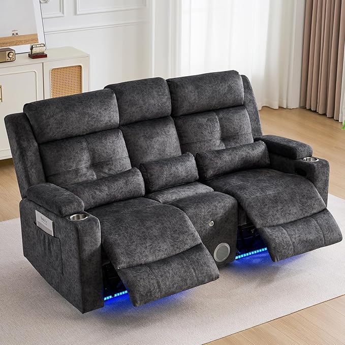 Power Reclining Loveseat Sofa with Bluetooth Function One-Touch Home Theater Seating Couch with LED Light/Console/StorageRV Wall Hugger Double Recliner for Living Room&ampHome Theater(Velvet Gray)