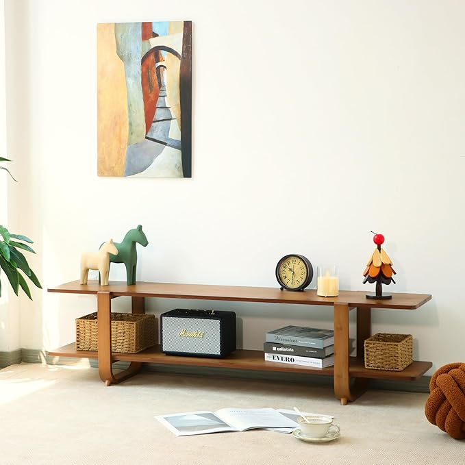 Bamboo TV Stand for TVs up to 65 Media TV Console Table with Storage Accent Entertainment Center with Shelf Modern TV Stand for Living Room Bedroom 55(L) Walnut