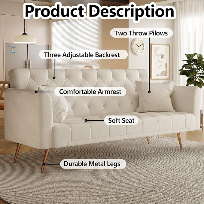 71 Convertible Folding Sleeper Sofa CouchModern Velvet Loveseat Sleeper with 2 Pillows Futon Sofa Bed with Mattress and Frame for Living RoomBedroomSmall Space (Beige)