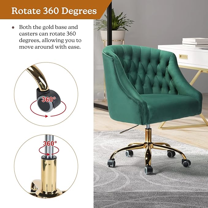 Velvet Home Office Chair with Gold Base Comfortable Modern Cute Desk Chair Adjustable Swivel Task Chair for Living Room Bedroom Vanity Study Green