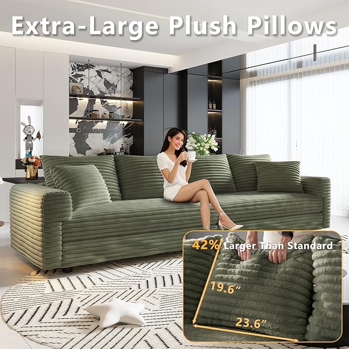102.4 Oversized Cloud Couch Convertible 4 Deep Seat Foam Sofa Couch 2 in 1 Plush Corduroy Sofa with 6 Soft Pillows Modern Modular Sectional Couches for Living Room Apartment Green