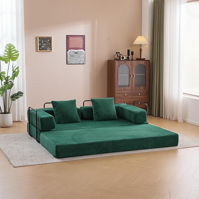 Folding Convertible Sofa Bed 4-in-1 Boneless Couch Sleeper Sofa 76.8'' Corduroy Foldable Mattress Couch with Fixed-Shape Frame Floor Sofas Modular Futon Couches for Living Room Dark Green