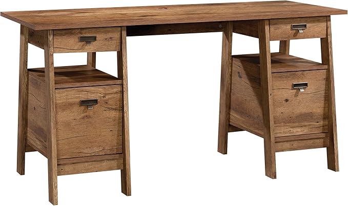Sauder Trestle Executive Desk with Filing Home Office Desk with Storage Vintage Oak Finish