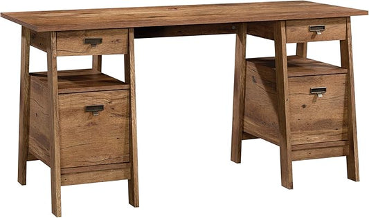 Sauder Trestle Executive Desk with Filing Home Office Desk with Storage Vintage Oak Finish