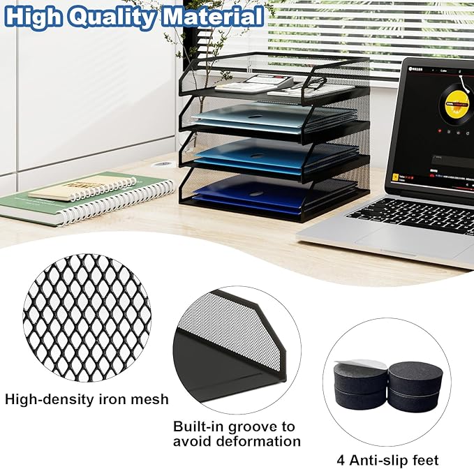 Natwind 4-Tier Stackable Paper Tray Metal Mesh Desktop Organizer A4 Paper Sorter Letter TraysFile Folder Sorter Organizer with Sliding Tray for Home Office School (Black)