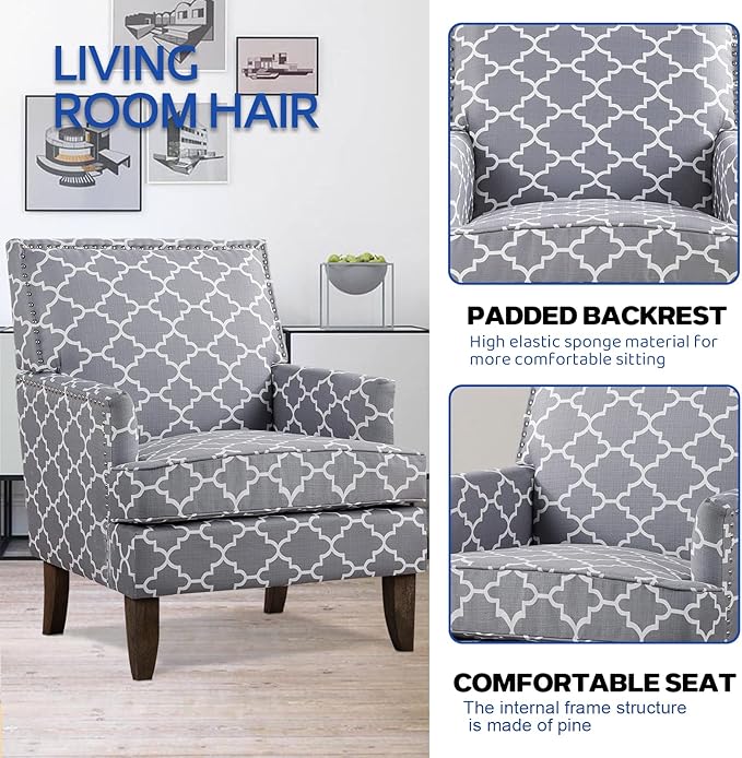 Modern Floral Accent Chair - Upholstered Wingback Club Chair for Living Room Bedroom &amp Reception | Multi-Purpose Fabric Furniture with Sturdy Frame | Comfortable Home Decor Seating (Grey)