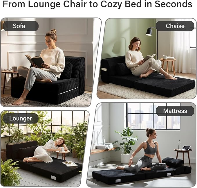 Folding Sofa Bed with Pillow Convertible Sleeper Chair Comfy Floor Futon Couch Mattress Lounge Sofa for Adults Portable Fold Out Chair Bed for Living Room Bedroom Single Black