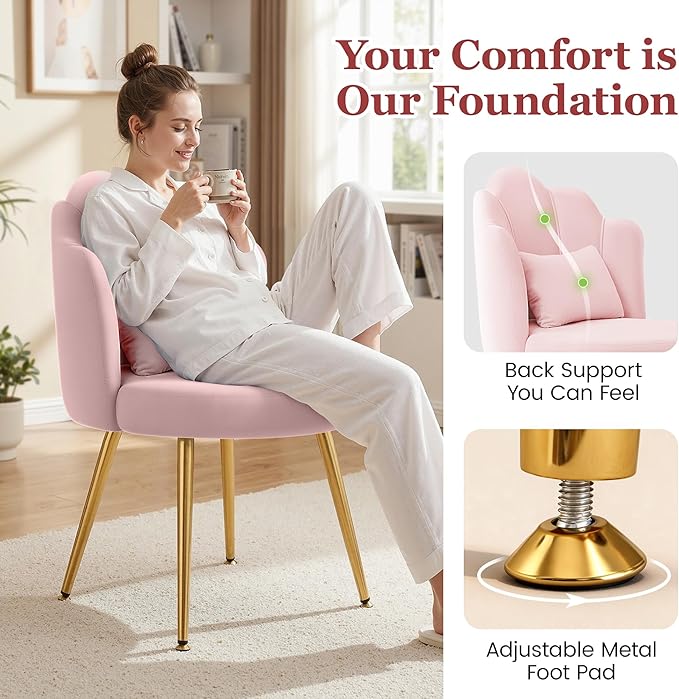 Petal Makeup Vanity Chair with Back Flower Chair Comfy No Wheels for Girls Women Makeup Chair with Golden Metal Legs &amp Lumbar Pillow for Living Room/Makeup Room/Bedroom/Home Office - Pink