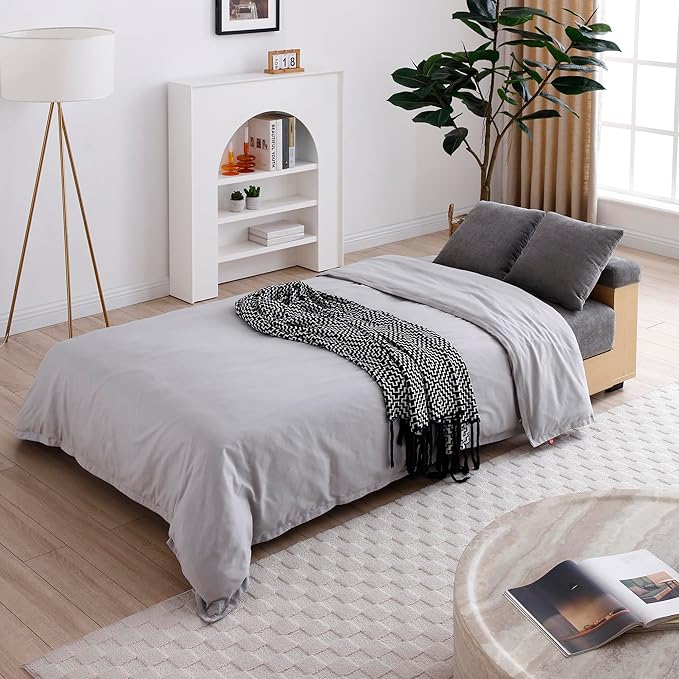 KEIKI Multi-Functional Sofa Sleeper with Storage Ottoman and Two Pull Out Drawer Fold Out Couch Bed with Side Storage Rack and Drop Down Table with 2 Cup Holders