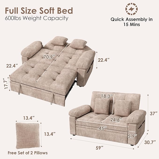 Keyluv 59” Loveseat Sleeper Sofa with USB Ports &amp Side Pockets 3 in 1 Convertible Sofa Bed for Living Room/RVs/Camper Pull Out Couch with Adjustable Backrest Chenille Khaki