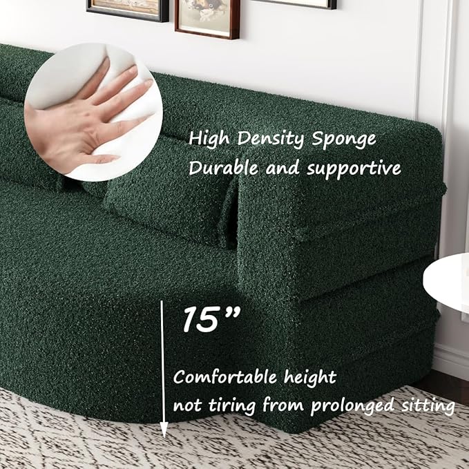 Convertible Sofa Bed Full Size｜78 Sleeper Couch with 2 Pillows｜Boucle Fabric Folding Sofa Bed｜High-Density Foam｜No Assembly｜Space-Saving｜for Living Room Guest Room｜Green