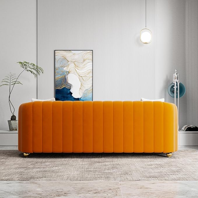 Modern Orange Velvet Couch for Living Room 83.46 Curved Sofa with Gold Metal Sphere Legs 3 Seater Upholstered Cute Couch (Velvet Orange)