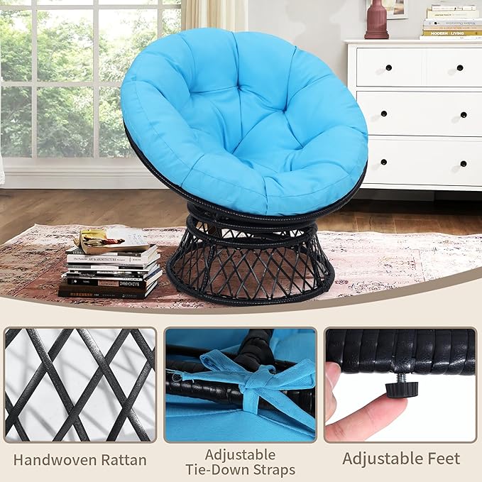 40 Papasan Chair Ergonomic Wicker 360° Swivel Indoor Outdoor Rattan Chair with Soft Thick Cushion Ideal for Living Room Bedroom Reading Room Black Frame with Blue Cushion