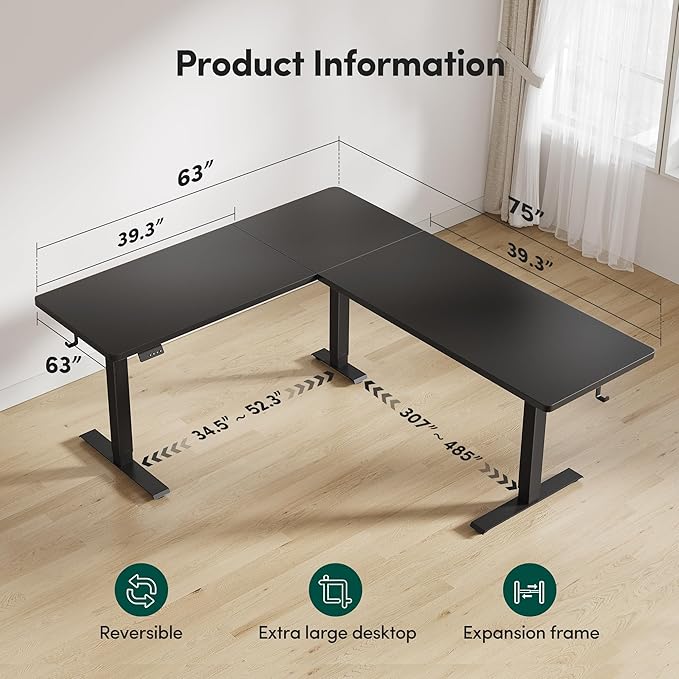 FEZIBO 75 * 63 L Shaped Standing Desk Electric Height Adjustable L Shaped Desk Suitable for Home Office Black