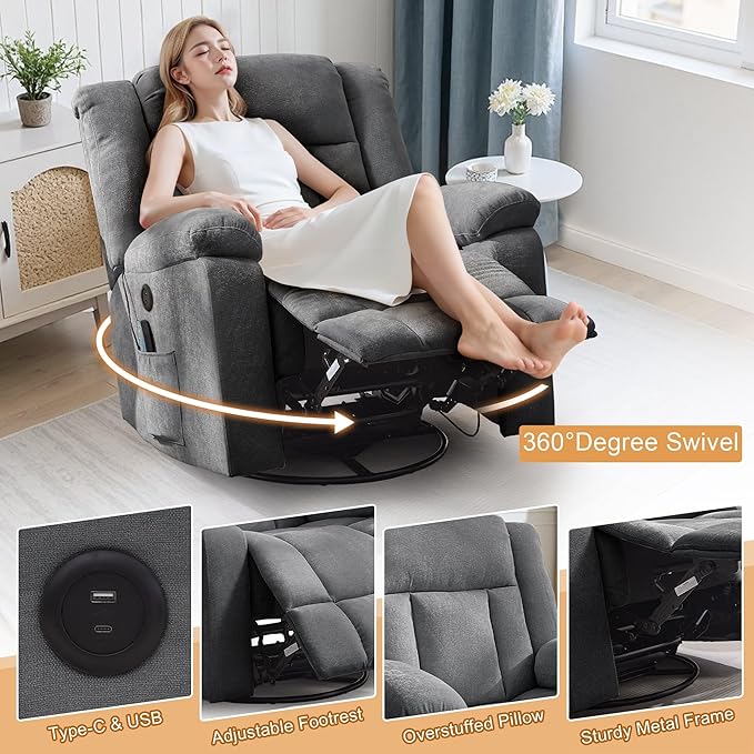 Rocker Recliner Glider Recliner Chairs for Adults 360° Swivel Rocking Chair with Massage and Heating Nursery Chair with Storage and USB Charging for Living Room Nursery Bedroom