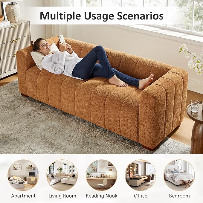VANOMi 82.68 Oversized Boucle Sofa for Living Room Modern Upholstered Tufted Cloud CouchComfy 3 Seater Deep Seat Sofa with Wood Legs for Apartment Reception RoomCurry