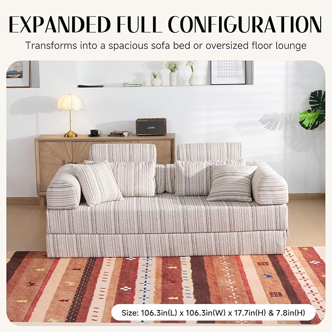 79 Corduroy Sofa Bed Sleeper Couch 6-in-1 Convertible Boneless Floor Futon Loveseat High-Density Foam Couch in a Box with 2 Headrest Pillows No Assembly Grey and White