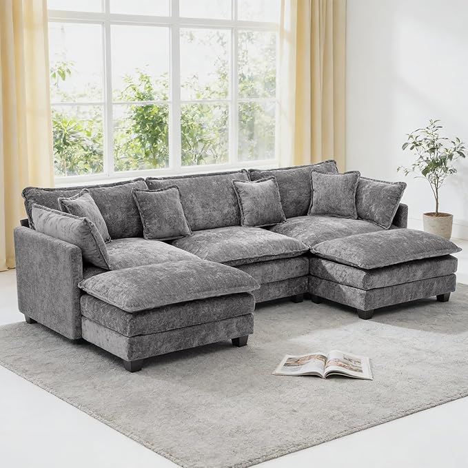 Redlife 133 Modular Sectional 3-Seater Sofa with 2 Ottomans Chenille Sectional Couch Set with Spring &amp Double Foam Cushion System Removable Covers Easy to Assembly Gray