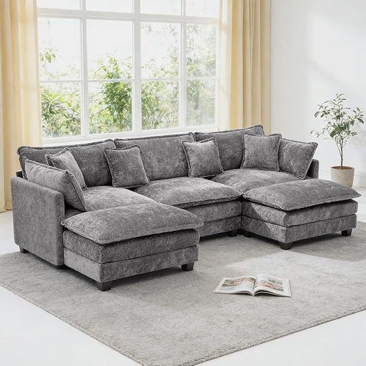 Redlife 133 Modular Sectional 3-Seater Sofa with 2 Ottomans Chenille Sectional Couch Set with Spring &amp Double Foam Cushion System Removable Covers Easy to Assembly Gray