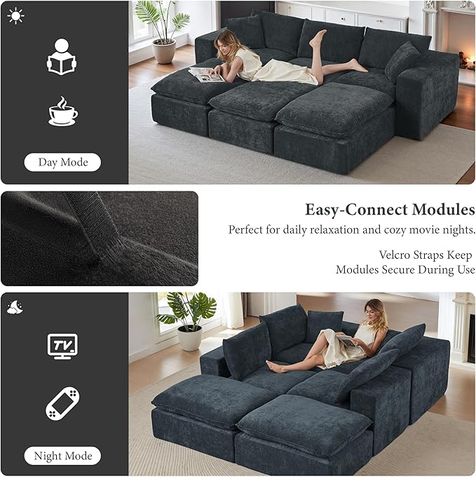 110 Sectional Couches for Living Room Boneless Couch Upholstered Cloud Couch Sectional Modular Sectional Sofa with L Shaped (Chenille-Dark Grey 4 Seat+2 Ottoman)