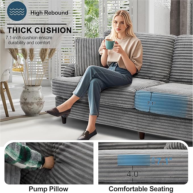 80 Inch 2 Sets Sofa Couch Comfy Love Seat Couches for Living Room Mid Century Modern Oversized Two Seater Couch Plush Corduroy Deep Seat Sofas for Bedroom Small Space Apartment Light Grey