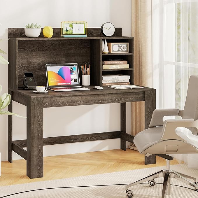 Tangkula Computer Desk with Hutch &amp Charging Station Home Office Writing Study Desk with Storage Shelves Cable Management Hole Laptop Desk Desk for Bedroom Computer Workstation (Gray Oak)