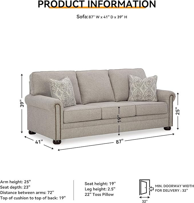Signature Design by Ashley Gaelon Transitional Sofa with Nailheads and 2 Accent Pillows Beige