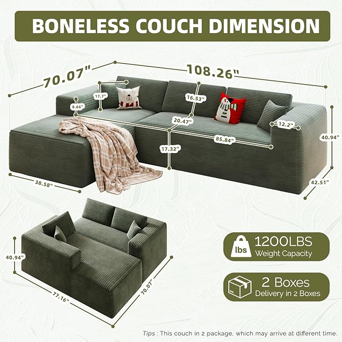 108” Boneless Couches for Living Room L-Shape Modular Sectional Sofa Couches High Rebound Sponge Comfy Fluffy Corduroy Cloud Couch with Oversized Chaise and Deep Seat (Olive Green)