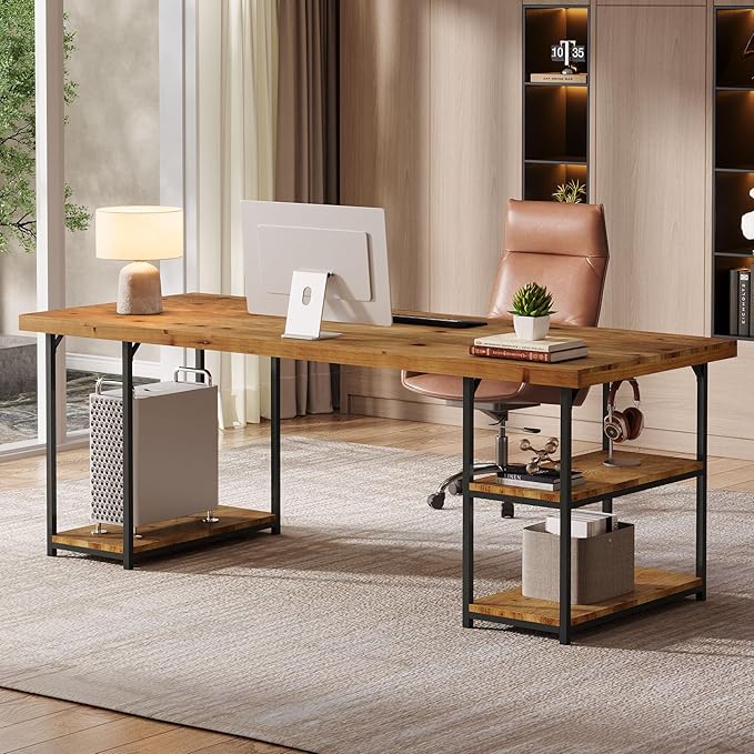 Tribesigns 71-Inch Solid Wood Long Desk with Shelves Industrial Home Office Desk Large Executive Office Computer Table Writing Gaming Workstation for Office Living Room Light Brown &amp Black