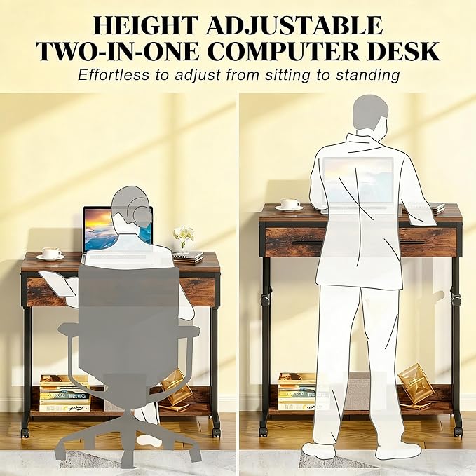 Height Adjustable Rolling Office Table with Storage Drawer - Compact Mobile Desk for Home Office Small Spaces and Bedside Use Sturdy Space-Saving Design