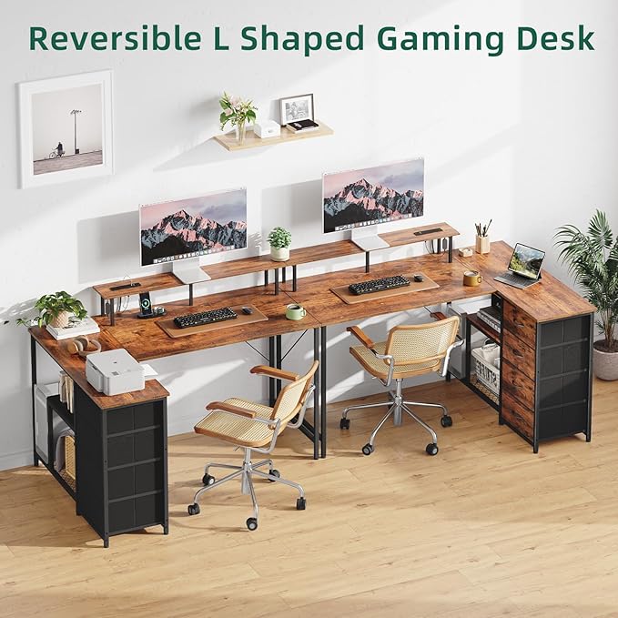 Somdot 53 L Shaped Desk with 4 DrawersHome Office Desks with Power OutletsGaming Desk with USB Charging Port and Host Stand Corner Desk with Storage Shelves for GamingWood Grain Print