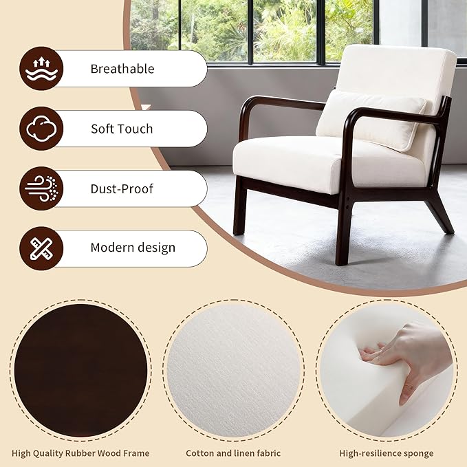 Mid Century Modern Accent Chair with ArmrestsSolid Wood Frame Cushioned Seat &amp Backrest Easy Assembly Ideal for Living Room Bedroom Office Light Beige