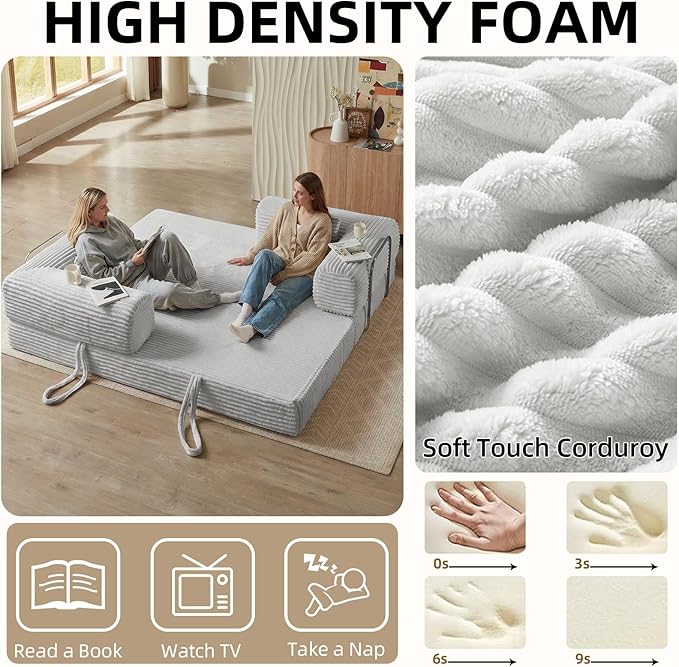 Convertible Folding Sofa BedFold Out Floor Sofa Couch with Fixed-Shape FrameCorduroy Foldable Mattress Cloud Couch for Living Room Bedroom (Light Gray 81 Inch)