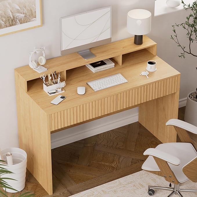 47 Executive Desk with Fluted Drawer Modern Home Office Desk with Long Monitor Stand and 2 Drawers Computer Writing Desk for Study Office Vanity Nautral Oak