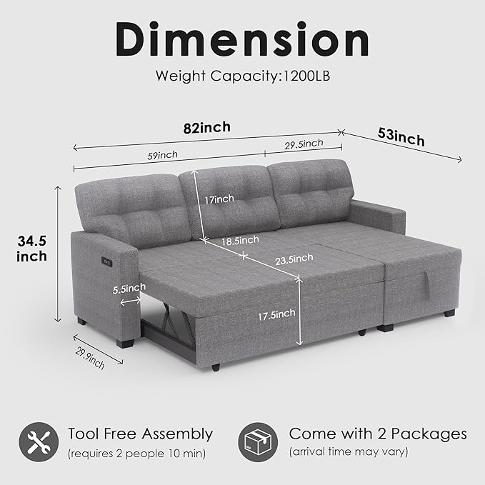 Reversible Sectional Sofa Couch Sleeper Sofa Bed with Storage Chaise Pull Out Couch for Living Room | Hidden Stroge | Pull Out Bed | Removable Backrest | Linen Fabric DeepGrey (LightGrey)