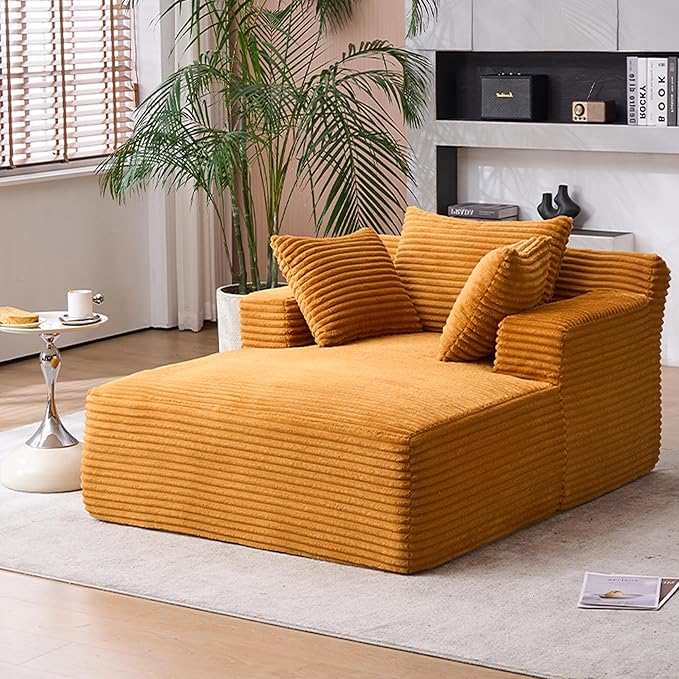 62 Chaise Lounge Chair Boneless Corduroy Sleep Sofa Bed with Three Soft Pillows Convertible Oversized Recliner Chair for Living Room Small Spaces Yellow